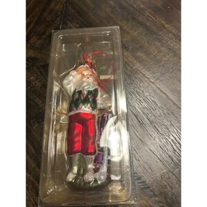 Glass Santa Ornament Golfer Red Plaid Green Diamond Pattern Christmas vntage‎